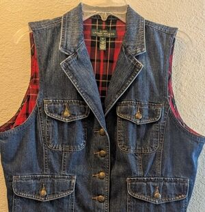 Ralph Lauren - Lauren Jeans Co. Denim Vest Red Plaid Fabric Lining XL